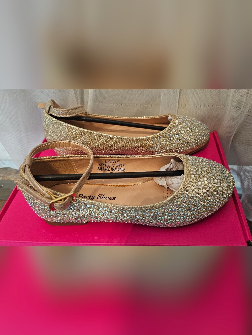 Your Party Shoes. Laind. Gold Rhinestone Ankle Strap Flats. Little Girls Size 11 - Picture 2 of 4